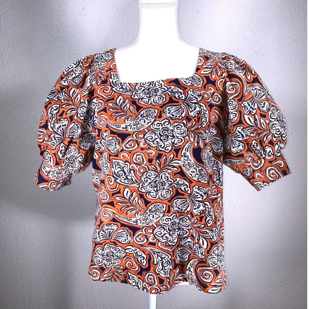 Chicos‎ Orange Paisley Puff Sleeve Square Neck Blouse Top Size 2 Large L